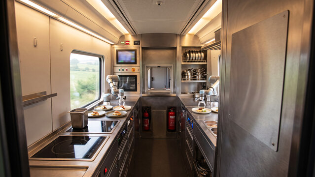 Luxury Train Galley with Robotic Culinary Equipment, Precision Plating and Automated Fine-Dining Meal Service