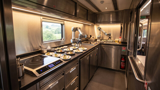 Luxury Train Galley with Robotic Culinary Equipment, Precision Plating and Automated Fine-Dining Meal Service
