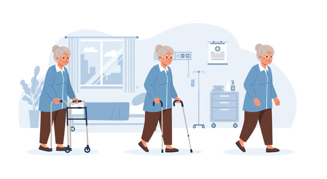 Elderly woman's mobility progression: walker, cane, independent walking
