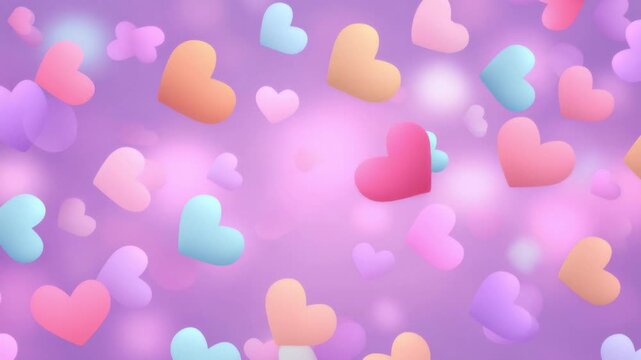Soft pastel heart shapes floating against a dreamy blurred purple background for romantic and love-themed design concepts or festive decoration ideas