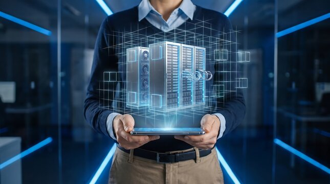 Hybrid Cloud Server Migration Infrastructure Solution Architecture with IT Systems Lead Holding Smartphone under 3D Floating Data Center Model