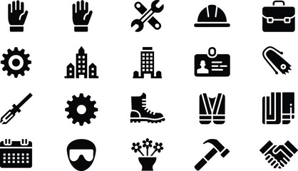 Obraz premium Vector collection of construction and safety icons including tools, equipment, protective gear, work symbols, and professional objects