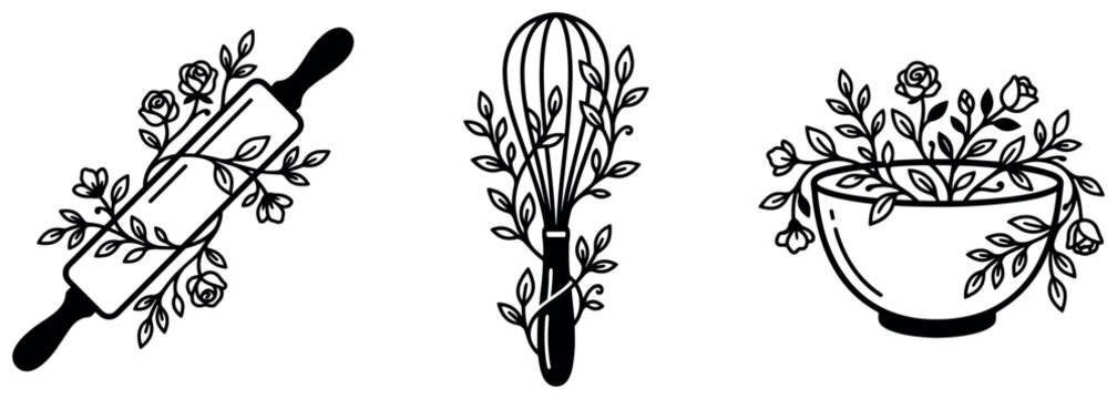 Baking tools adorned with delicate rose branches featuring blooming flowers and leaves.