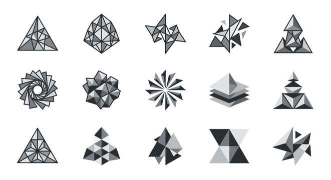 Set of fifteen grey faceted crystal-like geometric objects.