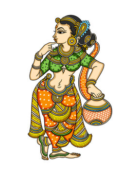 Traditional Indian Woman Carrying Water Pot Hand Drawn Folk Art Illustration in Kalamkari Style