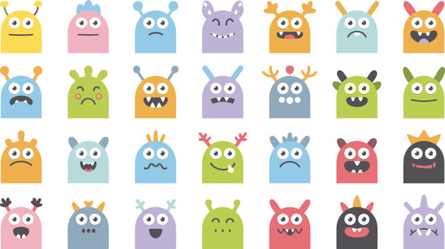 Vector collection of colorful cartoon monster characters with unique shapes, expressions, horns, eyes, and playful designs
