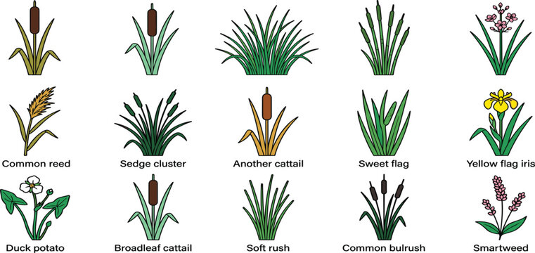 Wetland Plants Vector Icon Set with Cattail, Reed, Bulrush, Sedge, and Iris Icons for Nature, Pond, and Aquatic Ecosystem Botanical Designs