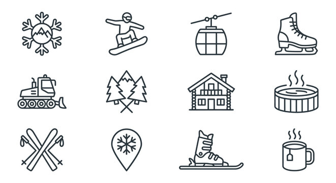 Skiing snowboarding and winter leisure icon set.