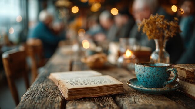 Book and a cup on a table with a candle