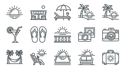 Fototapeta premium Summer beach vacation line icon set