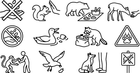 Fototapeta premium Do Not Feed Wildlife Line Art Icon Set with Animal Warning Signs and Nature Safety Symbols