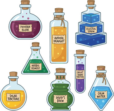 Magic Potion Bottles Vector Set with Colorful Alchemical Elixirs, Witch Brews, and Fantasy Liquid Flasks for Games, Wizards, and Halloween Designs