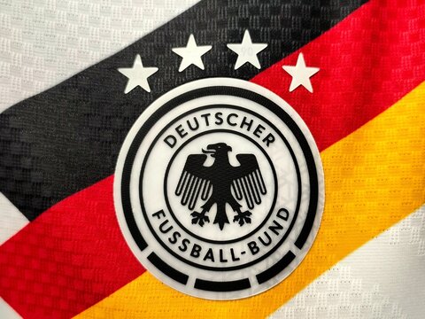 Photo of the embroidered emblem of the Germany national football team&rsquo;s 2026 home kit.