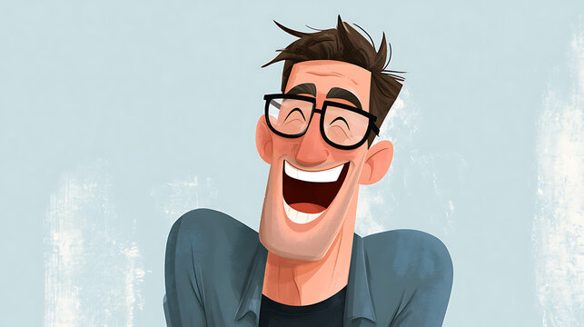 Stylized cartoon character laughing joyfully with glasses in close up portrait