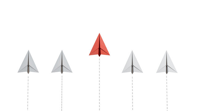 Paper plane on blue background, Business competition concept. leaderplane for new ideas competition. competitor individual pointing in different ways for new competitive solution.