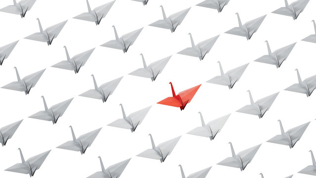 Different business concept.new ideas. paper art style. creative idea. red leader swan, standing out from the crowd of white swans.Supports PNG files with transparent backgrounds.