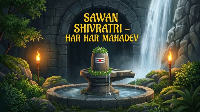 A divine representation of sawan shivratri, featuring a sacred shiva lingam amidst a serene waterfall, invoking the powerful mantra of har har mahadev