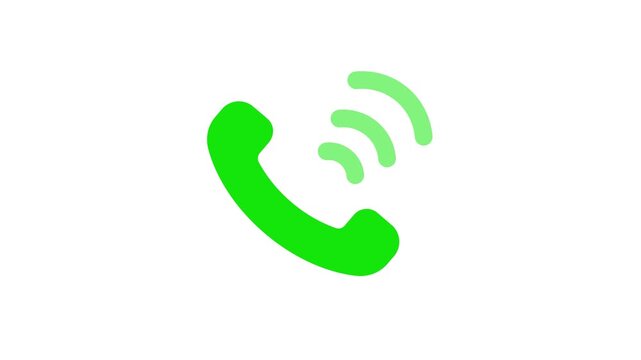 Animated green telephone receiver icon with ringing signal waves on white background