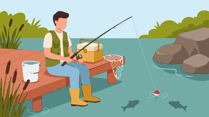 Man fishing from wooden dock with fishing rod and bobber in calm water © SABSTOCK