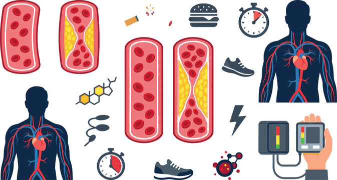 Cholesterol and Atherosclerosis Medical Vector Set Featuring Normal vs Blocked Artery Human Circulatory System Blood Pressure Tonometer and Cardiovascular Risk Factors
