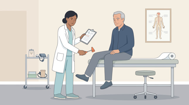 Doctor checks senior patient's reflexes with reflex hammer in clinic exam room.