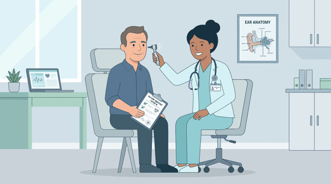 Doctor examining patient's ear with otoscope in medical clinic