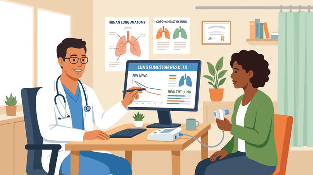 Doctor Examining Patient's Lungs in Medical Office with Digital Display