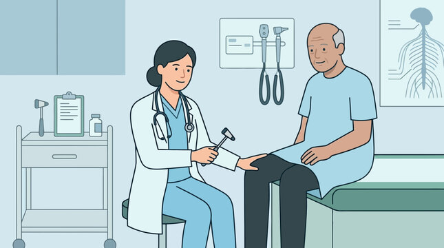 Doctor examining senior patient's reflexes with reflex hammer in clinic