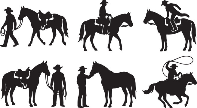 Cowboy, horse, western, silhouettes, 8 icons, black, vector graphics