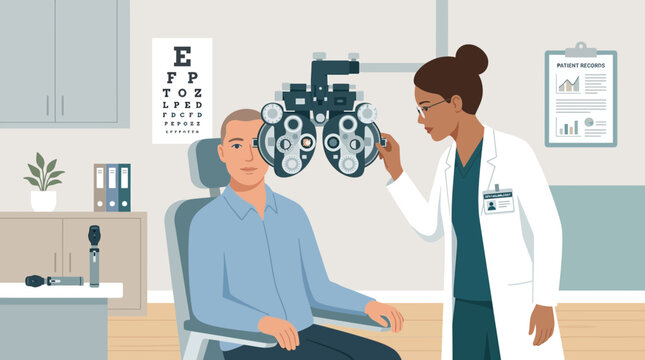 Optometrist examines patient's eyes with phoropter in clinic