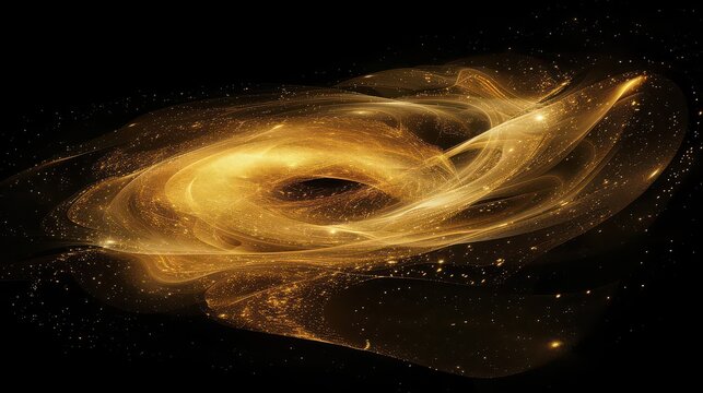 Black hole gravitational pull distorts light into a brilliant golden ring surrounded by shimmering dust clouds in the silent vacuum of outer space as a powerful representation of extreme gravity.
