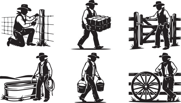 Cowboy, farm worker, ranch hand vector icons, black and white illustrations, 6 glyphs