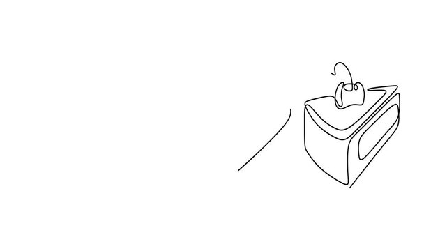 Animated self drawing of continuous line draw of   Slices of cake in continuous line art with cherry.     Full length one line animation. 4K