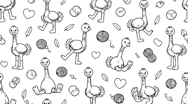 Playful ostrich pattern with hearts and yarn balls.