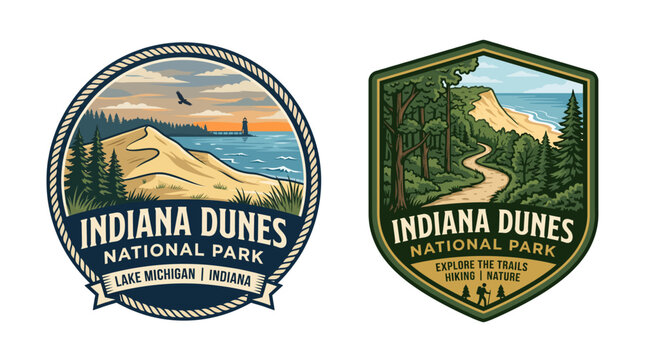 Indiana Dunes National Park vintage emblem badge patch set. Retro vector illustration with dunes, Lake Michigan beach landscape. Outdoor nature design for apparel, stickers, prints.