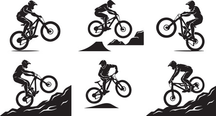 Naklejka premium Mountain Biking, Vector Icons, Black Silhouettes, Cycling Actions, Sports Illustrations, 6 Graphic Elements