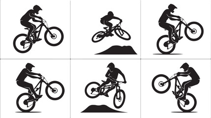 Naklejka premium Mountain biking icons, bike tricks, cyclist silhouettes, black vector graphics
