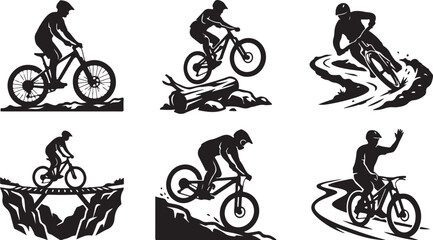 Obraz premium Mountain biking icons, black silhouettes, cycling graphics, bike illustrations, action sports