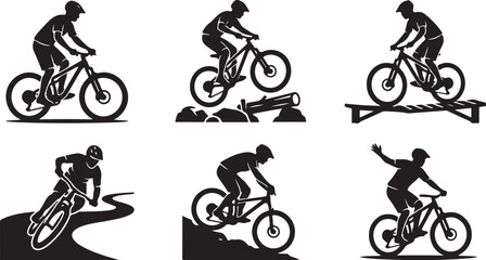 Obraz premium Black bicycle icons, bike silhouettes, cycling graphics, mountain bike illustrations, vector set