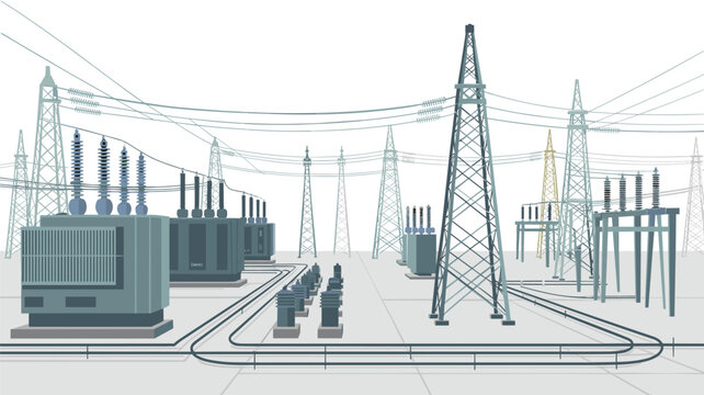 High voltage transmission towers and electrical transformers in a power substation facility designed for energy distribution and grid infrastructure.