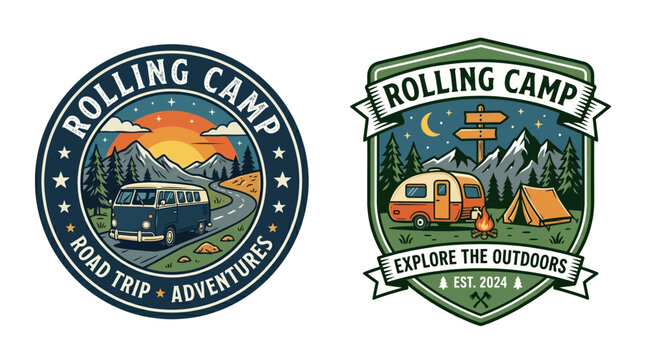 Rolling Camp Road Trip Adventures vintage emblem badge patch set. Retro vector illustration with camper van, mountains. Outdoor travel camping design for apparel, stickers, branding.