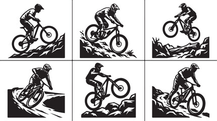 Naklejka premium Mountain Biking, Bicycle Racing, Black Icons, Vector Graphics, 6 Sport Illustrations