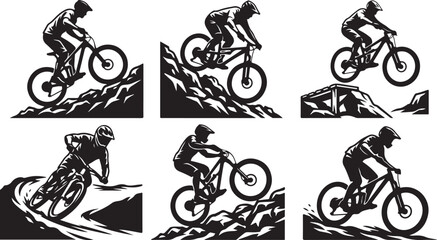 Naklejka premium Mountain biking icons, black and white vector graphics, cycling illustrations, sports emblems, 6 bike rider silhouettes