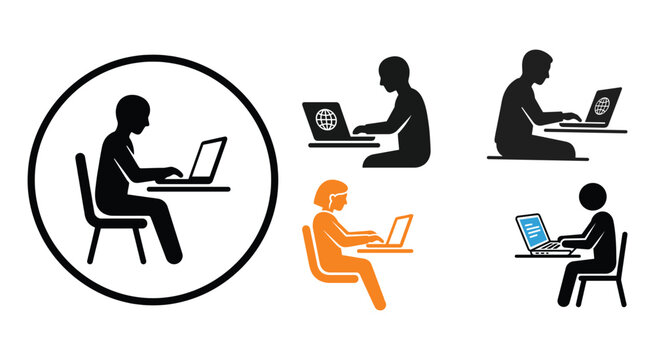 Person Using Laptop Silhouette Icons In Various Colors And Styles