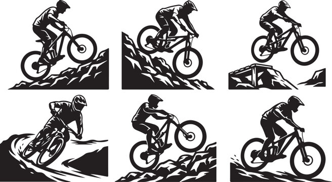 Mountain biking icons, black and white vector graphics, cycling illustrations, sports emblems, 6 bike rider silhouettes