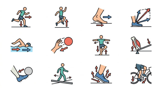 Collection of Sports and Exercise Icons Showing Movement and Actions.