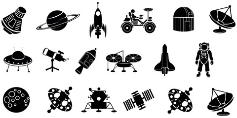 Space exploration icon set with black silhouettes of rockets, astronauts, and satellites © Asik