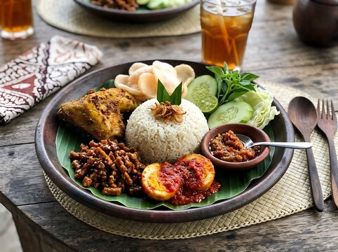 Delicious Indonesian Nasi Campur with Fried Chicken, Egg Balado, and Sambal Chili Paste Served on a Banana Leaf