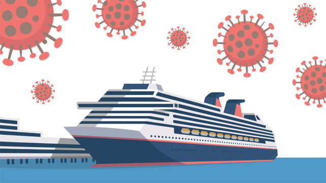 Large cruise ship hull sailing near floating red virus cells, global travel warnings, maritime safety protocols, and pandemic-related transit restrictions.