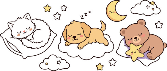 Cute Kawaii Sleeping Baby Animals Sticker Set Featuring Fluffy White Cat Golden Puppy and Brown Bear Cub on Clouds and Pillows with Night Sky Elements © Masud